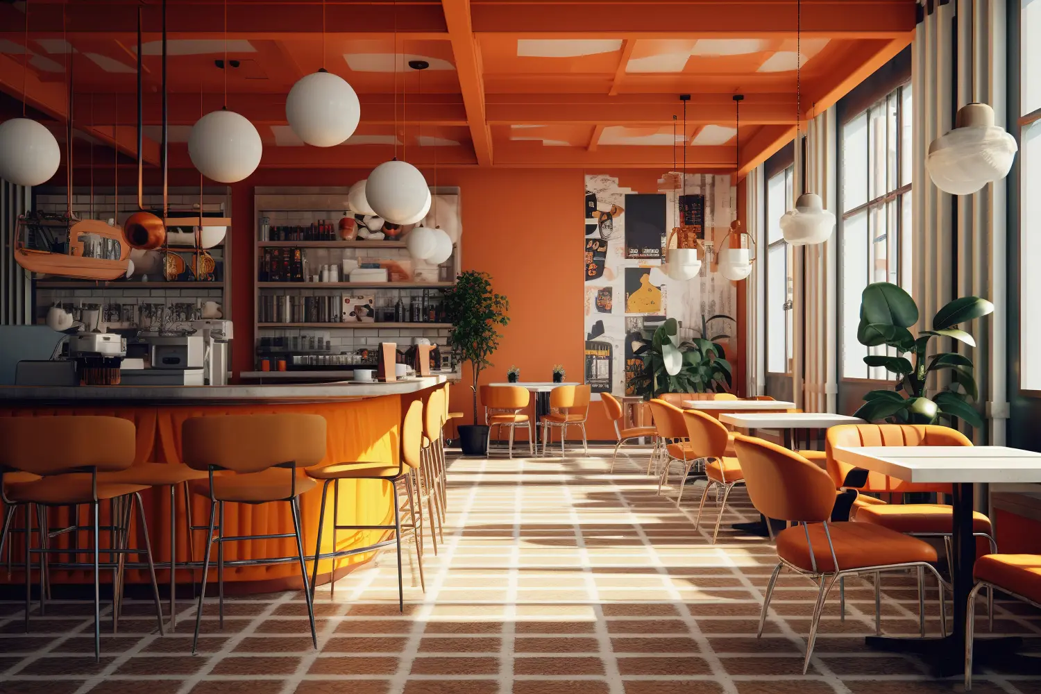 Modernes, leeres Café mit trendigem 70er-Jahre-Design.