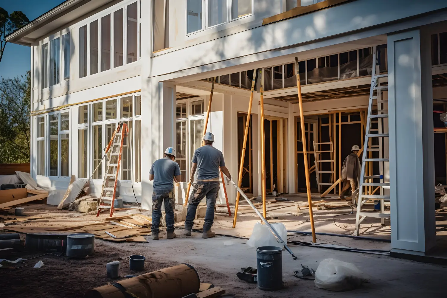 Bauarbeiter beim Einbau von Türen und Fenstern in ein neu gebautes Haus.